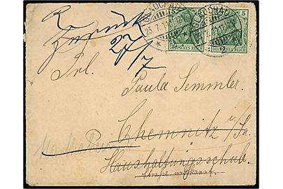 5 pfg. Germania (2) på brev fra Glauchau d. 25.7.1911 til Chemnitz. Returneret med gul returetiket fra Chemnitz Postamt.