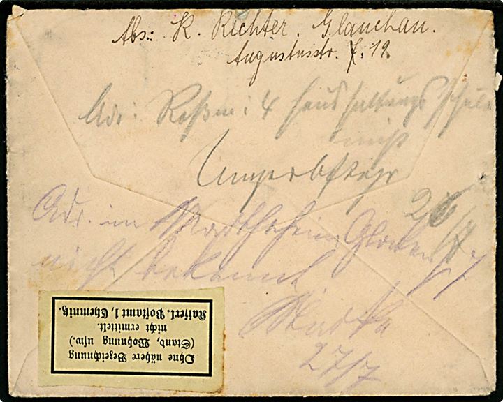 5 pfg. Germania (2) på brev fra Glauchau d. 25.7.1911 til Chemnitz. Returneret med gul returetiket fra Chemnitz Postamt.