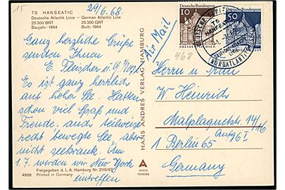 10 pfg. og 50 pfg. på luftpost brevkort (TS Hanseatic) annulleret med skibsstempel Deutsche Schiffspost TS HANSEATIC / Deutsche Atlantik Linie / Nordatlantikreise d. 1.7.1968 til Berlin, Tyskland.