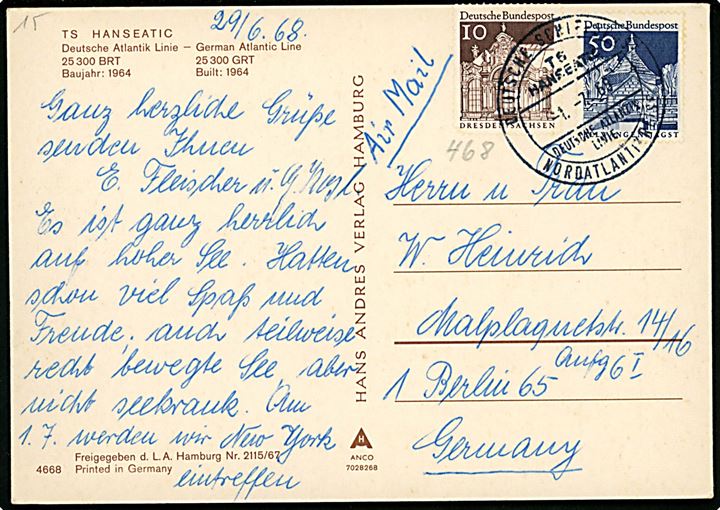 10 pfg. og 50 pfg. på luftpost brevkort (TS Hanseatic) annulleret med skibsstempel Deutsche Schiffspost TS HANSEATIC / Deutsche Atlantik Linie / Nordatlantikreise d. 1.7.1968 til Berlin, Tyskland.