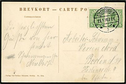 5 øre Chr. X i parstykke på brevkort (Københavns havn med slæbebåden Anholt som trækker dampskibet Thy) annulleret med brotype IIa Helligdommen d. 29.6.1914 til Berlin, Tyskland.