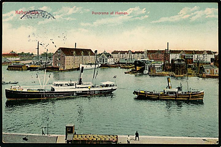 5 øre Chr. X i parstykke på brevkort (Københavns havn med slæbebåden Anholt som trækker dampskibet Thy) annulleret med brotype IIa Helligdommen d. 29.6.1914 til Berlin, Tyskland.
