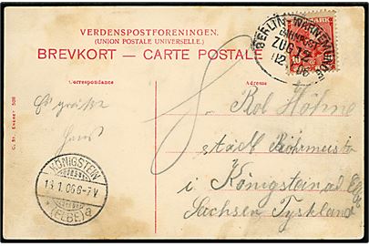 10 øre Chr. IX på brevkort (Dr. Louises Bro i København) annulleret med tysk bureaustempel Berlin - Warnemünde Bahnpost Zug 12 d. 12.1.1906 til Königstein, Tyskland.