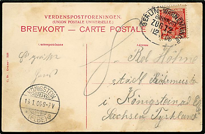 10 øre Chr. IX på brevkort (Dr. Louises Bro i København) annulleret med tysk bureaustempel Berlin - Warnemünde Bahnpost Zug 12 d. 12.1.1906 til Königstein, Tyskland.