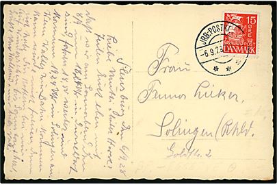 15 øre Karavel på brevkort (Glückstadt Ostseebad med dampskibe) dateret i Flensburg og annulleret med reserve bureaustempel JBR.-POSTKT.2 *** (sn7) T.1412 d. 6.9.1928 til Solingen, Tyskland. Reservestempel benyttet på strækningen Sønderborg-Tinglev-Tønder i 1928. Stempel-nr. ulæseligt.