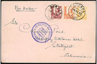 25 cts., 40 cts. og 60 cts. Isabel på luftpostbrev fra Burgos d. 15.12.1937 til Stuttgart, Tyskland. Blåt censurstempel: Ejercito del Norte (Den nordlige hær) San Sebastian.