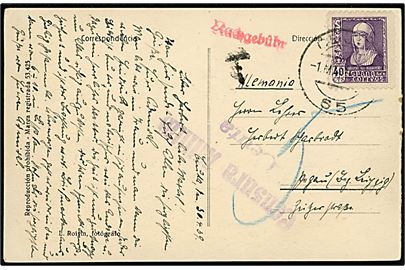40 cts. Isabel på underfrankeret brevkort (Ceuta havn med skibe) fra den spanske enklave Ceuta i Nordafrika stemplet Ceuta d. 1.5.1939 til Tyskland. T-stempel, samt Nachgebühr og udtakseret i 5 pfg. tysk porto.