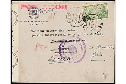 2 pts. Luftpost single på luftpostbrev fra Vigo d. 22,8,1942 via Madrid til Geneve, Schweiz - eftersendt til Basel. Spansk censur fra Vigo og åbnet af tysk censur i Berlin.