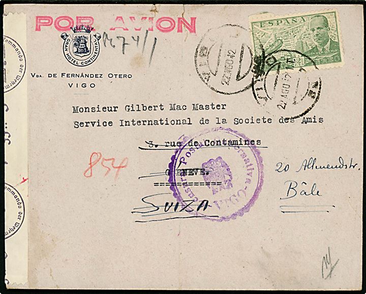 2 pts. Luftpost single på luftpostbrev fra Vigo d. 22,8,1942 via Madrid til Geneve, Schweiz - eftersendt til Basel. Spansk censur fra Vigo og åbnet af tysk censur i Berlin.