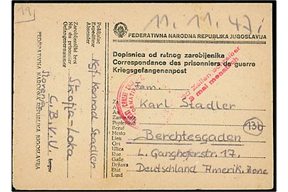 Ufrankeret fortrykt krigsfange-dobbelt-brevkort fra tysk krigsfange i jugoslavisk fangenskab i Škofja Loka, Slovenien d. 11.11.1947 til Berchtesgaden, Tyskland. Vedhængende ubenyttet svardel.