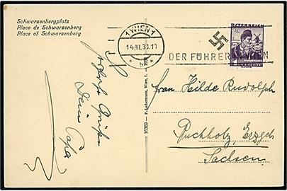 Anschluss. Østrigsk 1 gr. Egnsdragt single på brevkort annulleret med TMS Wien/Der Führer in Wien d. 14.3.1938 til Tyskland.