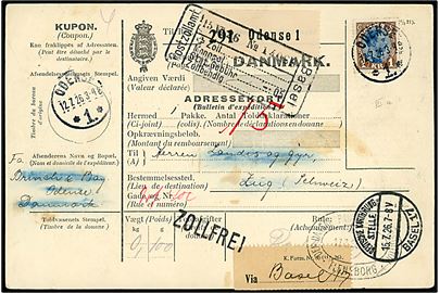 1 kr. Chr. X single på internationalt adressekort for pakke fra Odense d. 12.7.1926 via Den danske Pakkepostekspedition Flensburg og Basel til Zug, Schweiz.