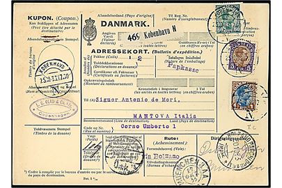 60 øre, 1 kr. og 5 kr. Chr. X på 660 øre frankeret internationalt adressekort for pakke fra København d. 25.10.1933 via Berlin, München, Innsbruck og Bolzano til Mantova, Italien.