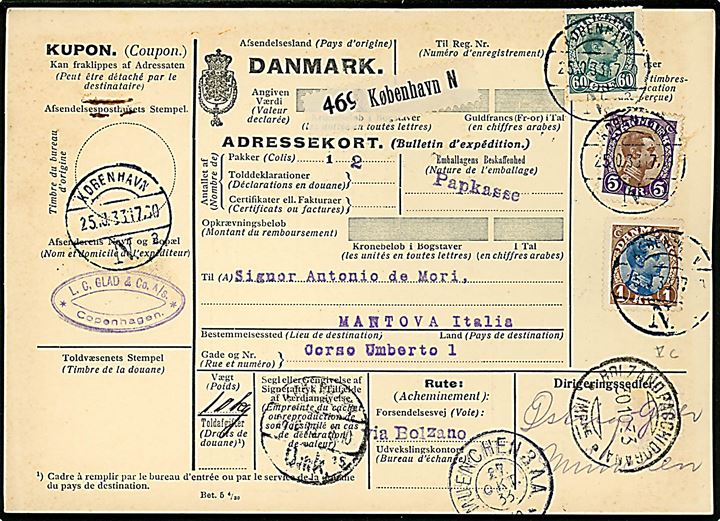 60 øre, 1 kr. og 5 kr. Chr. X på 660 øre frankeret internationalt adressekort for pakke fra København d. 25.10.1933 via Berlin, München, Innsbruck og Bolzano til Mantova, Italien.