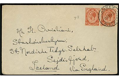 1½d George V (2) på brev fra Kankey S. Africa d. 14.11.1924 til stationsbestyreren ved Store Nordisk Telegraf Selskabs station i Seydisfjord på Island. Påskrevet via England. Enestående destination.