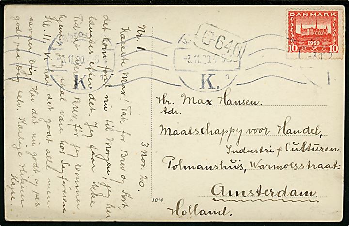 10 øre Genforening på brevkort fra København d. 3.11.1920 til Amsterdam, Holland.