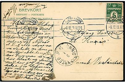 5 øre Bølgelinie på brevkort (Graabrødre Torv med flag) fra Kjøbenhavn d. 9.12.1913 til Christiansted, St. Croix, Dansk Vestindien.