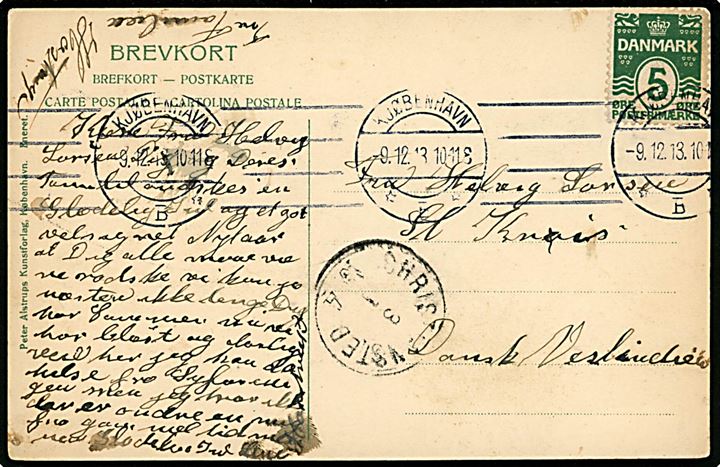 5 øre Bølgelinie på brevkort (Graabrødre Torv med flag) fra Kjøbenhavn d. 9.12.1913 til Christiansted, St. Croix, Dansk Vestindien.