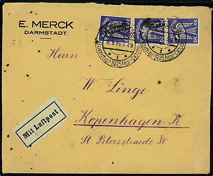 20 pfg. Luftpost (3) på 60 pfg. frankeret luftpostbrev fra Darmstadt d. 15.5.1925 via Hamburg til København, Danmark.