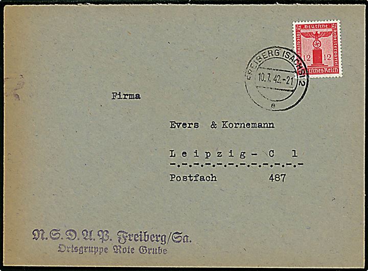 12 pfg. NSDAP tjenestemærke på brev fra NSDAP Freiburg d. 10.7.1942 til Leipzig.