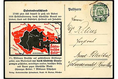 6 pfg. Schiller på illustreret Sudetendeutschland propaganda brevkort fra München d. 14.12.1934 til Bad Peterstal. Interessant kort med landkort over områder som 4 år senere blev annekteret af Tyskland.  