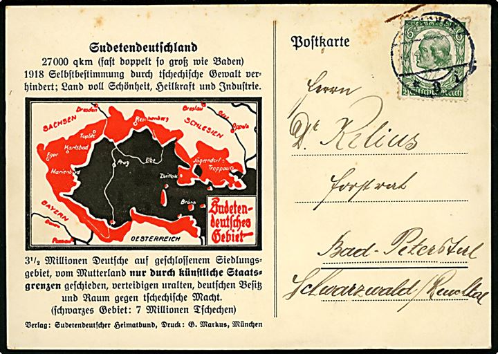 6 pfg. Schiller på illustreret Sudetendeutschland propaganda brevkort fra München d. 14.12.1934 til Bad Peterstal. Interessant kort med landkort over områder som 4 år senere blev annekteret af Tyskland.  