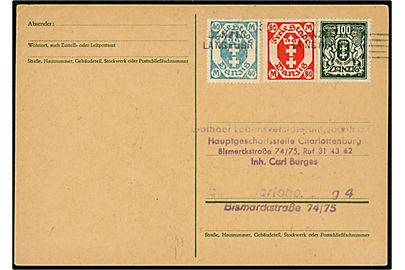 40 mk., 80 mk. og 100 mk. Våben på brevkort annulleret med maskinstempel Danzig Langfuhr ca. 1923 til Berlin.