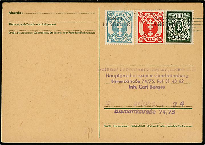 40 mk., 80 mk. og 100 mk. Våben på brevkort annulleret med maskinstempel Danzig Langfuhr ca. 1923 til Berlin.
