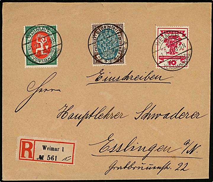 10 pfg., 15 pfg. og 25 pfg. Weimar udg. på anbefalet brev annulleret med særstempel Weimar National=Versammlung d. 1.7.1919 til Esslingen.