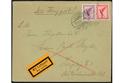 10 pfg. og 15 pfg. Luftpost på indenrigs luftpostbrev fra Heidebring auf Wollin d. 13.8.1928 via Berlin C2 d. 13.8.1928 til Leipzig.
