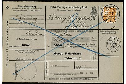30 øre Karavel på retur Indkasserings-Indbetalingskort fra Nykøbing M. d. 10.7.1929 til Tæbring pr. Nykøbing M. Returneret med stjernestempel TÆBRING.