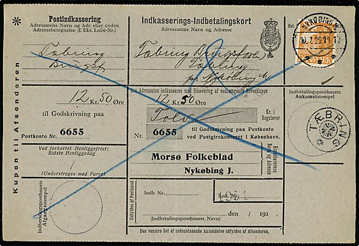 30 øre Karavel på retur Indkasserings-Indbetalingskort fra Nykøbing M. d. 10.7.1929 til Tæbring pr. Nykøbing M. Returneret med stjernestempel TÆBRING.