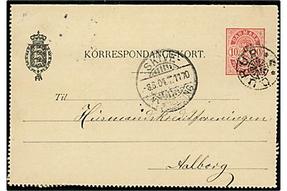 10 øre Våben helsags-korrespondancekort annulleret med stjernestempel OURUP og sidestemplet Skive - Nykøbing T.1170 d. 8.6.1904 til Aalborg.
