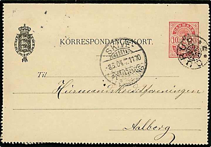 10 øre Våben helsags-korrespondancekort annulleret med stjernestempel OURUP og sidestemplet Skive - Nykøbing T.1170 d. 8.6.1904 til Aalborg.