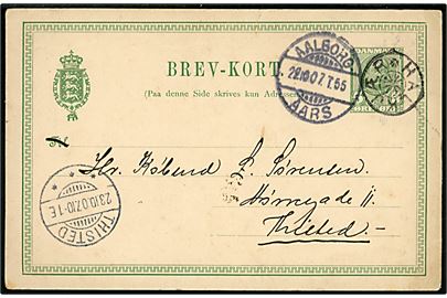 5 øre Fr. VIII helsagsbrevkort dateret Kyø annulleret med stjernestempel HALKJÆR og sidestemplet bureau Aalborg - Aars T.55 d. 22.10.1907 til Thisted.
