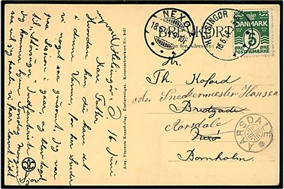 5 øre Bølgelinie på brevkort fra Helsingør d. 16.6.1914 til Neksø, Bornholm - eftersendt til Aarsdale med sternestempel AARSDALE.