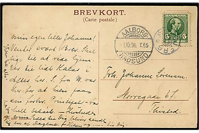 5 øre Chr. IX på brevkort annulleret med stjernestempel SOLBJERG og sidestemplet bureau Aalborg - Hadsund T.65 d. 1.10.1906 til Thisted.