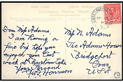 1d George V på brevkort (White Star Line med Olympic og Titanic) annulleret med sejlende skibspost stempel Transatlantic Post Office 5 (= RMS Olympic) d. 15.9.1911 til Bridgeport, USA.
