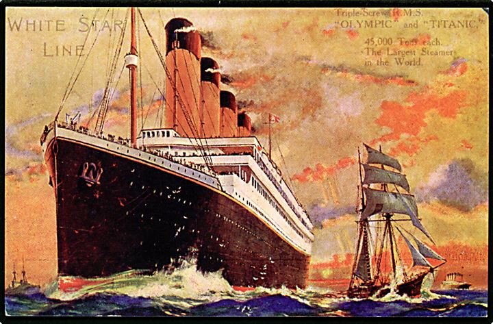1d George V på brevkort (White Star Line med Olympic og Titanic) annulleret med sejlende skibspost stempel Transatlantic Post Office 5 (= RMS Olympic) d. 15.9.1911 til Bridgeport, USA.