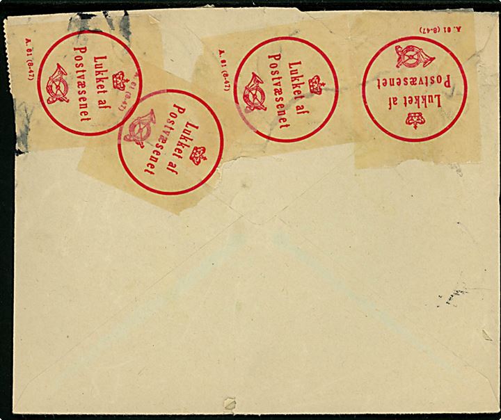 5 øre Bølgelinie (2) og 15 øre Fr. IX på brev fra Aarhus d. 2.4.1952 til Kalundborg. Violet stempel Beskadiget i Stemplingsmaskinen / Aarhus Postkontor og flere pergamyn etiketter Lukket af Postvæsenet A.61 (8-47).