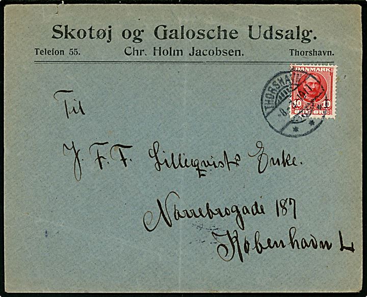 10 øre Fr. VIII på firmakuvert annulleret med brotype Ig Thorshavn d. 8.3.1911 til København. På bagsiden ank.stemplet Kjøbenhavn d. 19.3.1911 0.Omb. (= søndag). 