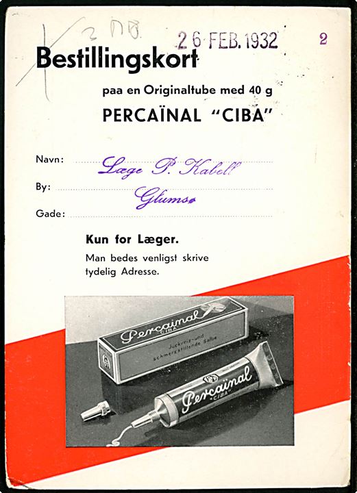5 øre Chr. X 60 år på tryksags-reklamekort (Percaïnal Ciba salve) annulleret med brotype Ic Glumsø d. 5.2.1932 til København.