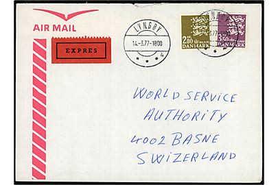 2,80 kr. og 3,50 kr. Rigsvåben på luftpost ekspresbrev fra Lyngby d. 14.3.1977 til Basel, Schweiz.