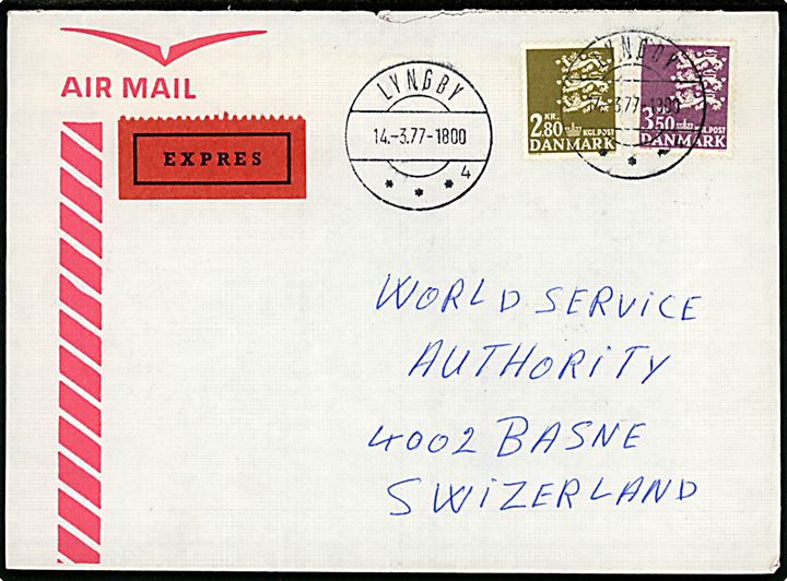 2,80 kr. og 3,50 kr. Rigsvåben på luftpost ekspresbrev fra Lyngby d. 14.3.1977 til Basel, Schweiz.