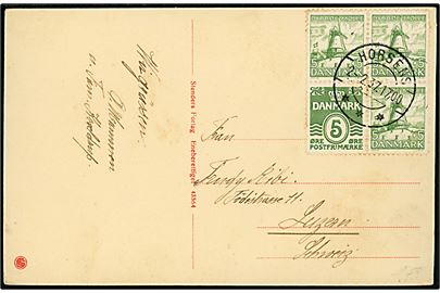5 øre Bølgelinie og 5+5 øre Dybbøl Mølle i sammentrykt fireblok på brevkort fra Horsens d. 2.2.1937 til Luzern, Schweiz.