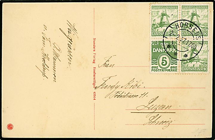 5 øre Bølgelinie og 5+5 øre Dybbøl Mølle i sammentrykt fireblok på brevkort fra Horsens d. 2.2.1937 til Luzern, Schweiz.