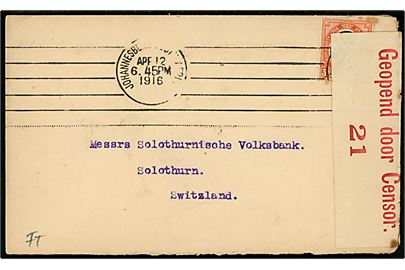 3d George V single på brev fra Johannesburg d. 12.4.1916 til Solothurn, Schweiz. Åbnet af sydafrikansk censur no. 21.
