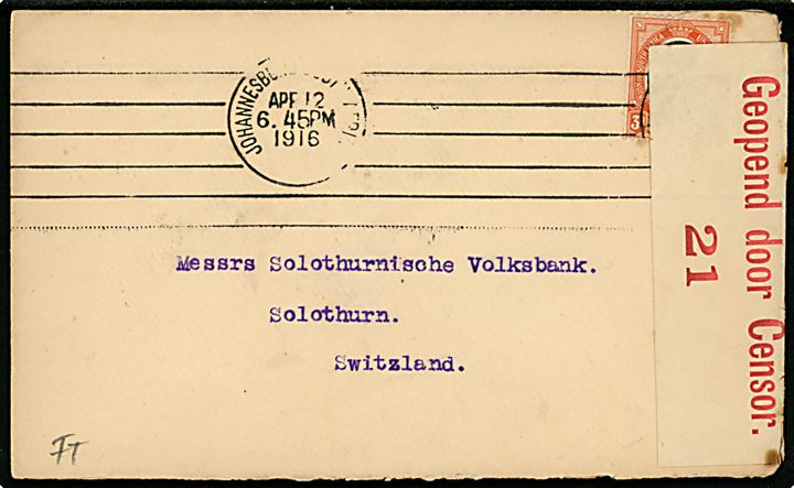 3d George V single på brev fra Johannesburg d. 12.4.1916 til Solothurn, Schweiz. Åbnet af sydafrikansk censur no. 21.