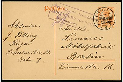 7½ pfg. Germania Postgebiet Ob. Ost helsagsbrevkort fra Riga d. 14.11.1917 til Berlin, Tyskland. Tysk censur fra Königsberg.