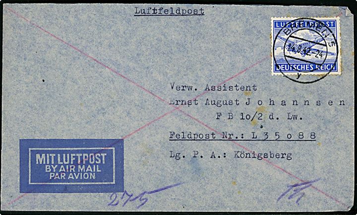 Luftfeldpost mærke på luftfeldpostbrev fra Bremen d. 14.8.1942 til feldpost L35088 Lg.P.A. Königsberg (= Fliegerhorst-Kommandantur 7/IV).